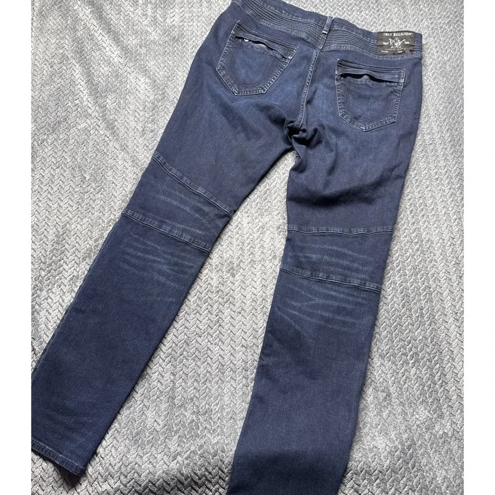 True Religion Rocco Men 38x33 Biker Moto Relaxed Skinny Denim Blue Jeans Stretch